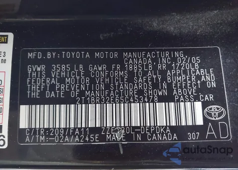 2005 Toyota Corolla Ce from USA, damaged, VIN 2T1BR32E65C453478